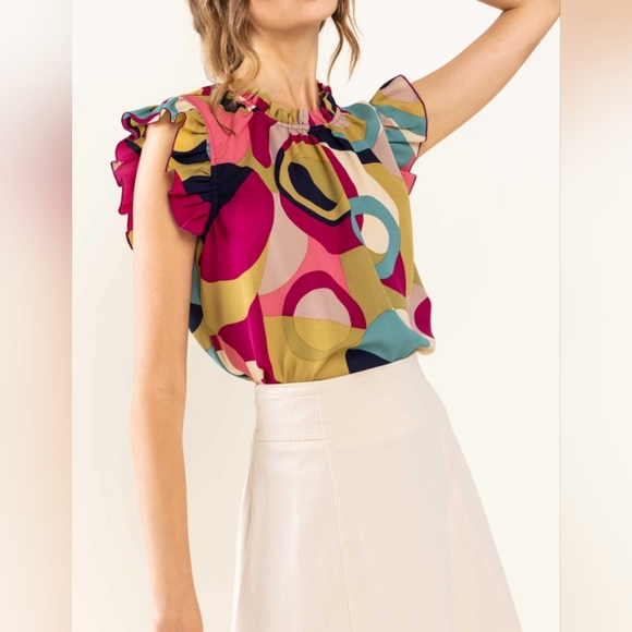 Boho Chic Multi Color Print Sleeveless Ruffle Neck Top NWOT - Picture 7 of 8